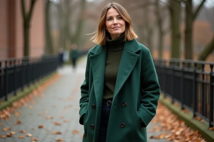 Femme portant un manteau oversize en vert mousse à texture laine dans un parc urbain en automne, illustrant la tendance couleur vert mousse automne hiver 2025