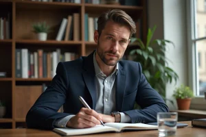 Homme en blazer marine réfléchissant dans un bureau à domicile, illustrant le respect de la vie privée d'une personnalité publique