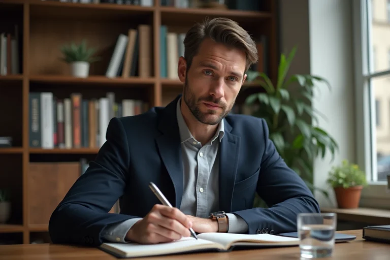 Homme en blazer marine réfléchissant dans un bureau à domicile, illustrant le respect de la vie privée d'une personnalité publique