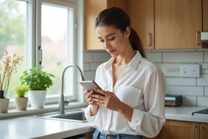 Jeune femme utilisant Wannonce sur smartphone pour consulter des annonces gratuites depuis chez elle
