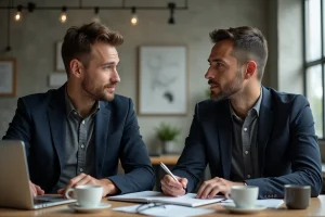 Deux professionnels des médias en pleine discussion dans un studio moderne, évoquant le parcours de journalistes et personnalités médiatiques